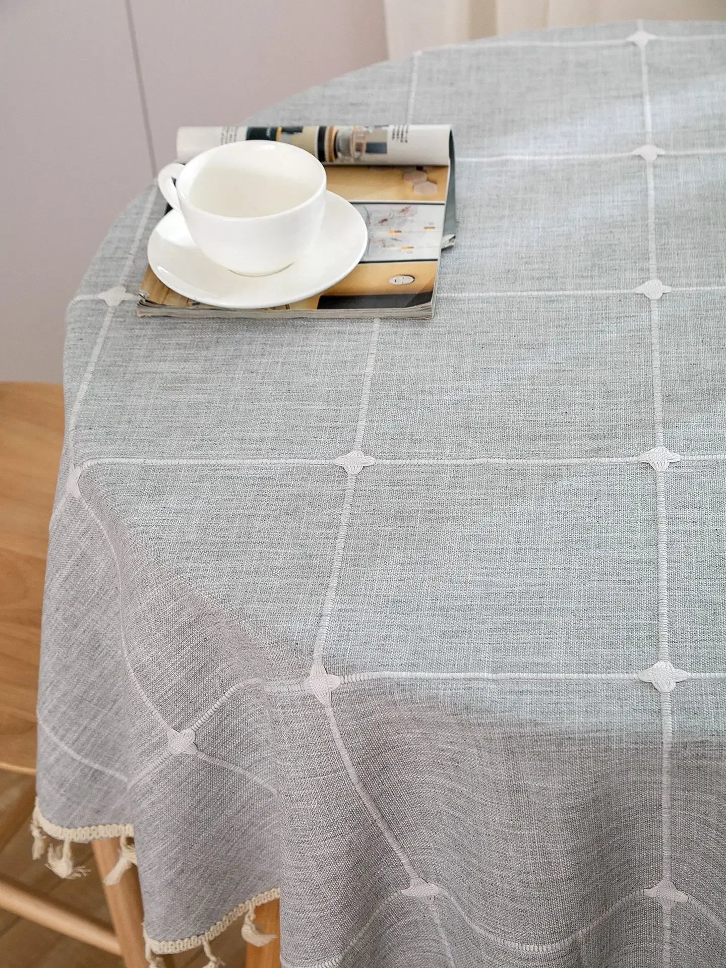 Embroidered Lattice Cotton/Linen Table Cloths - Natural, Sky Blue, Light Gray