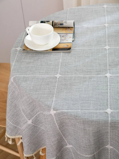 Embroidered Lattice Cotton/Linen Table Cloths - Natural, Sky Blue, Light Gray