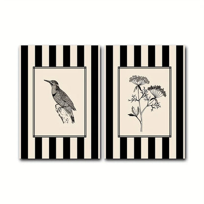 Black Bird &amp; Floral Wall Art Set - (Frameless)