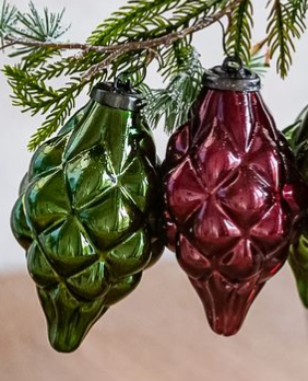Set of 4 Green and Red Glass Ornaments