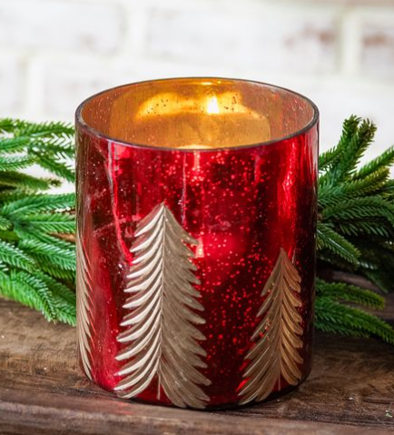 6" Red &amp; Gold Etched Glass Tree Candle Holder