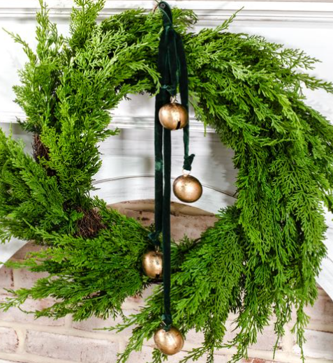 26" Bell Hanger with Velvet Ribbon in Green or Crimson