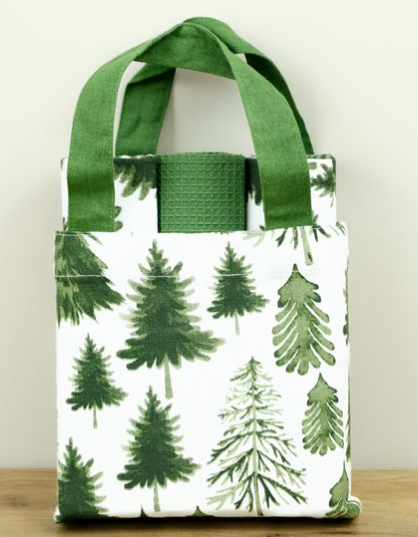 Set of 3 Green &amp; White Kitchen Towels with Matching Tote Bag