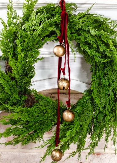 26" Bell Hanger with Velvet Ribbon in Green or Crimson