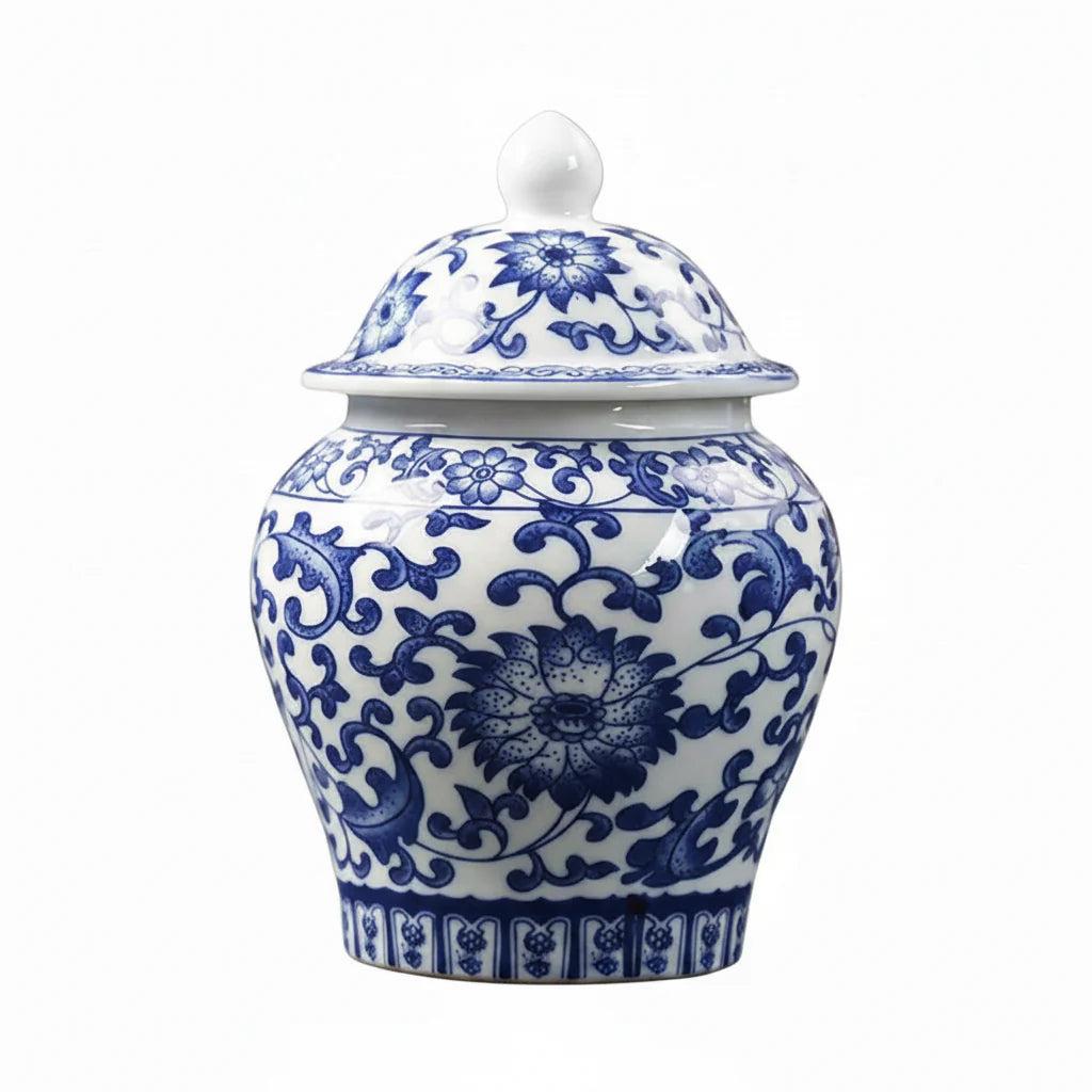 Chinoiserie Blue &amp; White Porcelain Ginger Jar