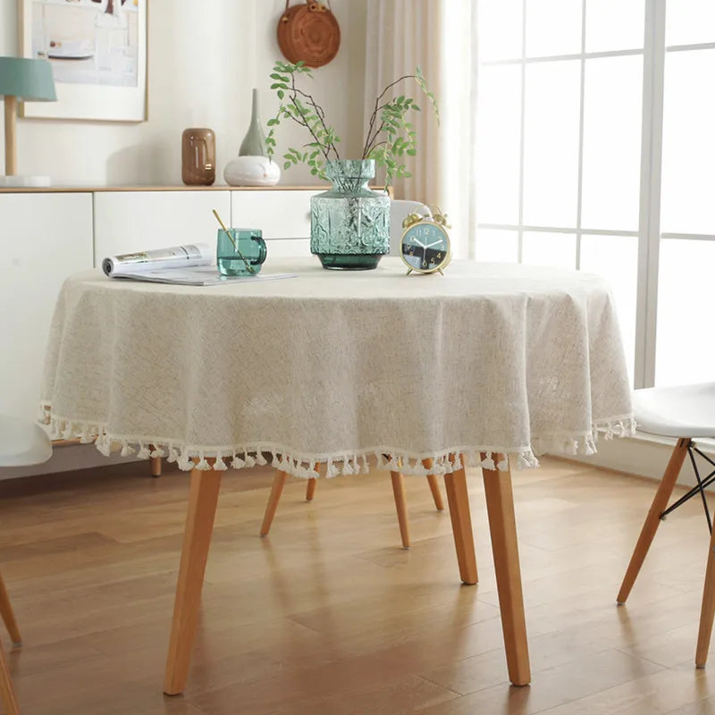 Round Linen Tablecloth with Tassels
