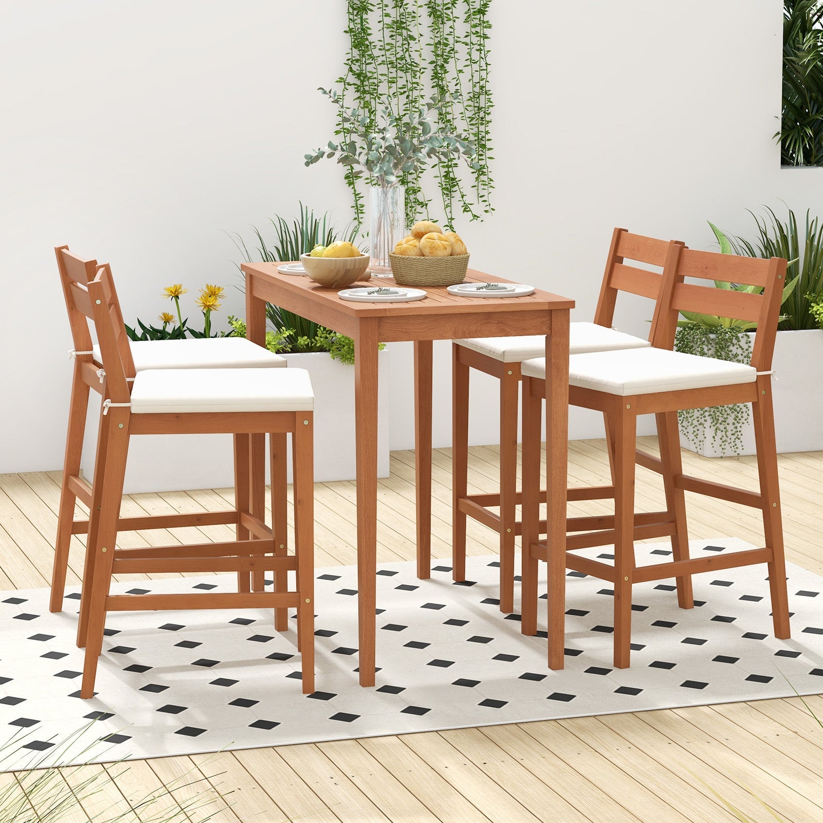 Set of 2 Outdoor Wooden Barstools with Soft Seat Cushion - Off White