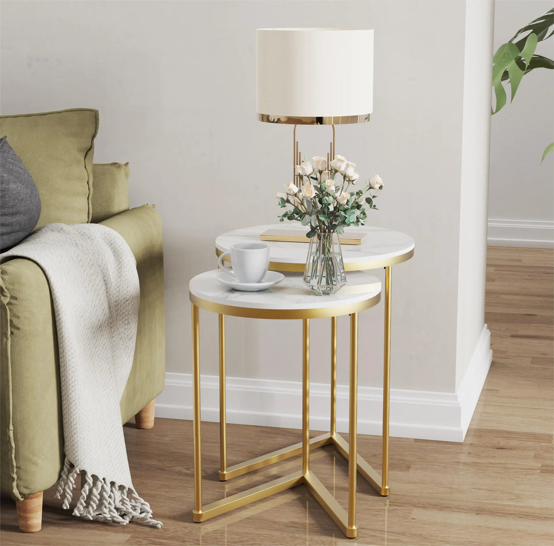 Set of 2 Round Nesting Tables -  Gold &amp; Marble
