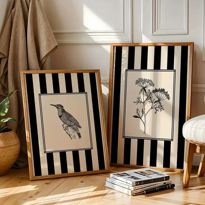 Black Bird &amp; Floral Wall Art Set - (Frameless)