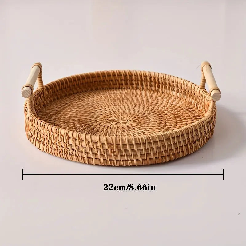 Handwoven Rattan Tray With Wooden Handles - 3 Sizes