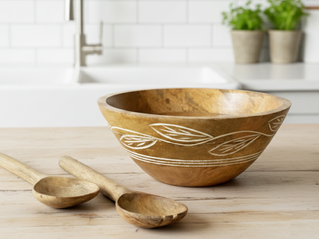 Carved Pattern Mango Wood Salad Bowl/Servers - 3 Pc Set
