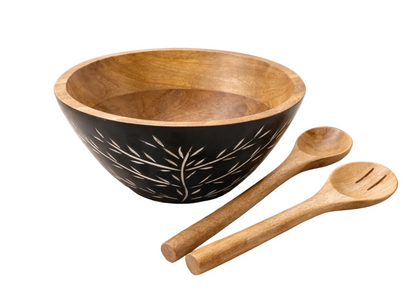 Carved Pattern Mango Wood Bowl/Servers in Black - 3 Pc Set