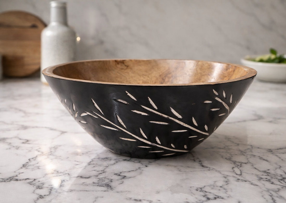 Carved Pattern Mango Wood Bowl/Servers in Black - 3 Pc Set