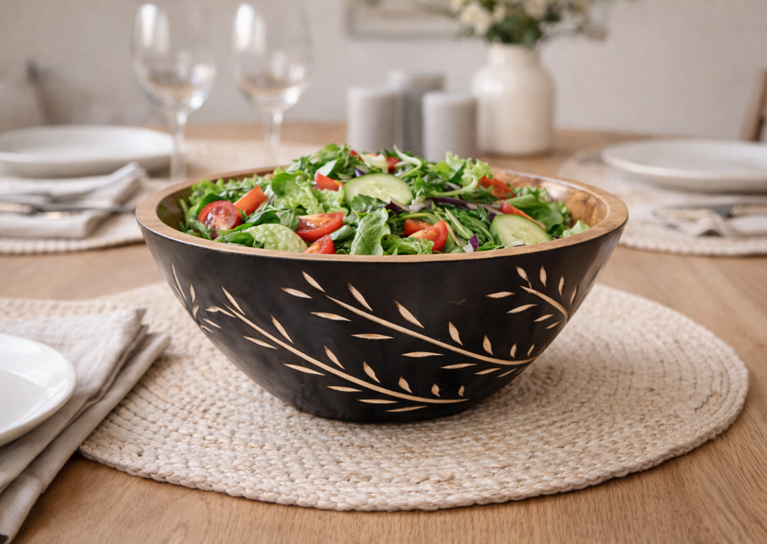 Carved Pattern Mango Wood Bowl/Servers in Black - 3 Pc Set