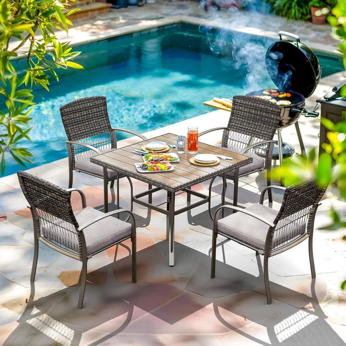 Outdoor Dining Set for 4 with Iron Frame &amp;  Rattan Backrest - 4 Colors