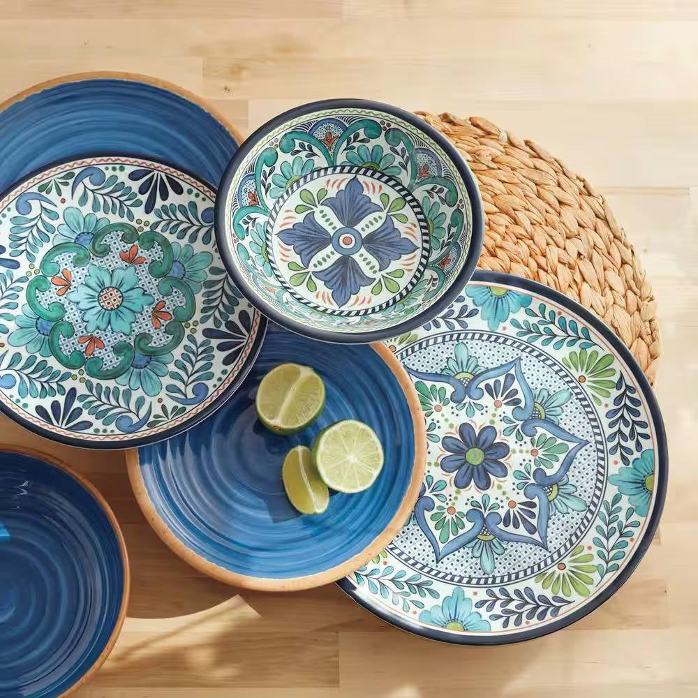 12-Piece Melamine Dinnerware Plates/Bowls Set with Blue Floral Patterns