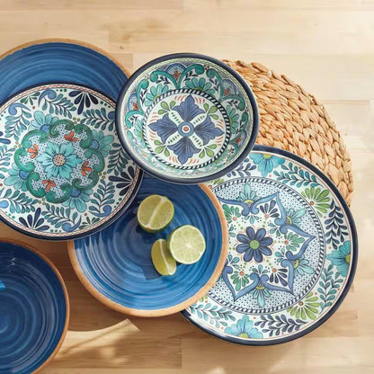12-Piece Melamine Dinnerware Plates/Bowls Set with Blue Floral Patterns