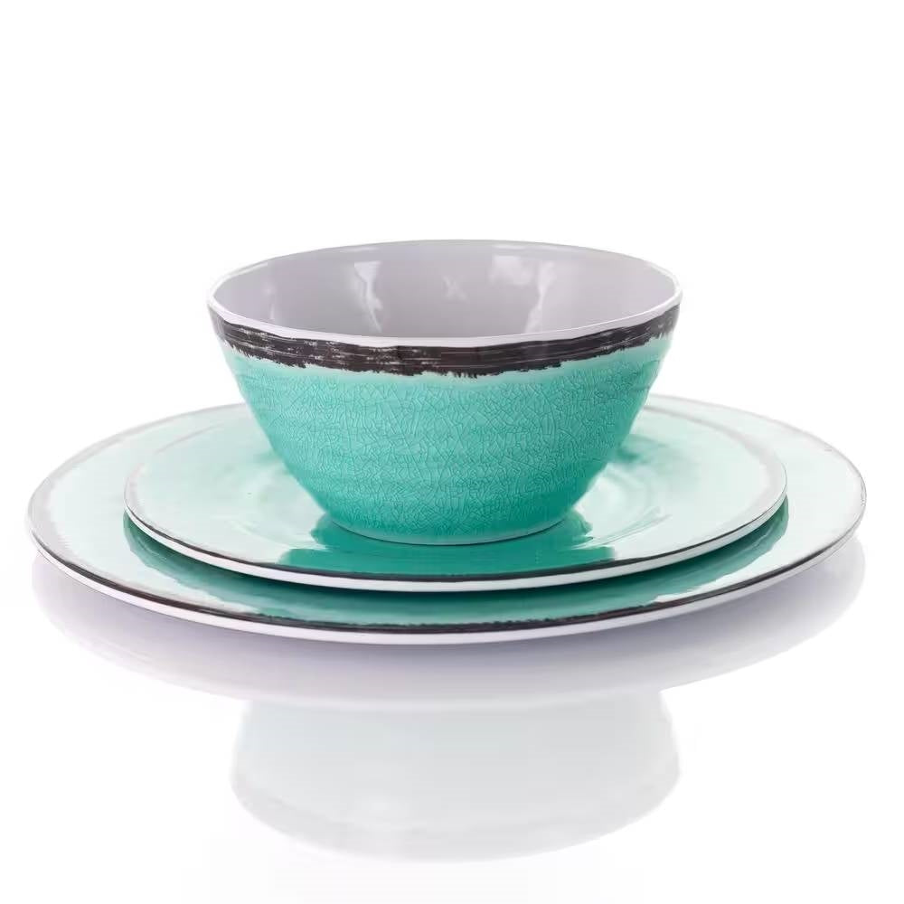 12-Piece Melamine Plates/ Bowls Dinnerware Set in Turquoise Blue - Service for 4