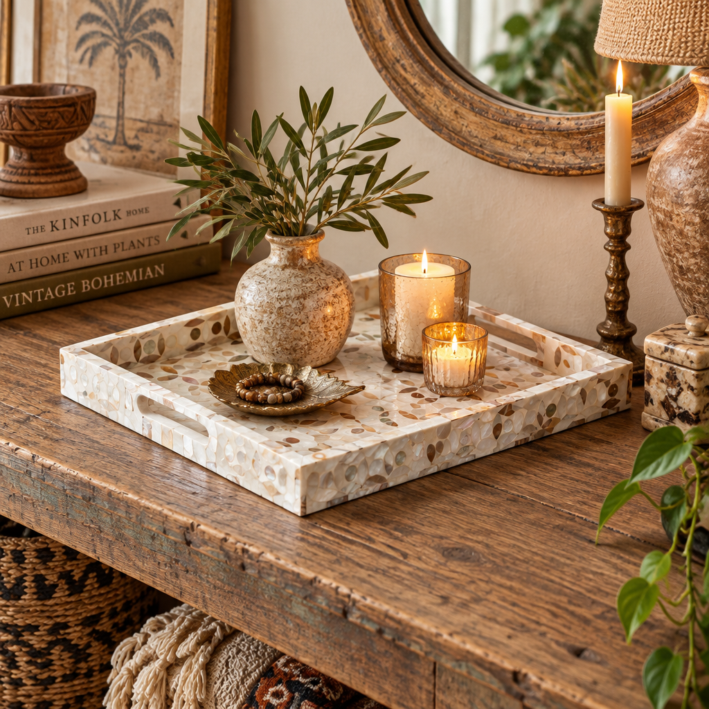 Jewel Pattern Mother of Pearl Inlay Decorative Tray