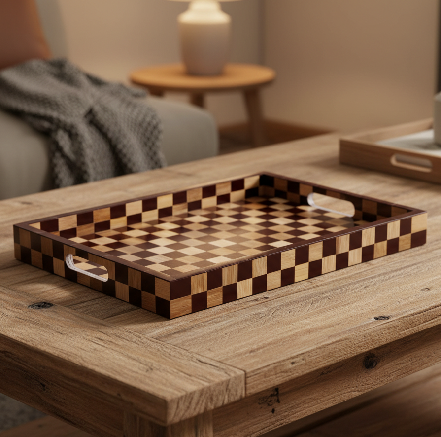 Brown Checkered Decorative Tray Coffee Table Ottoman 17"x11"