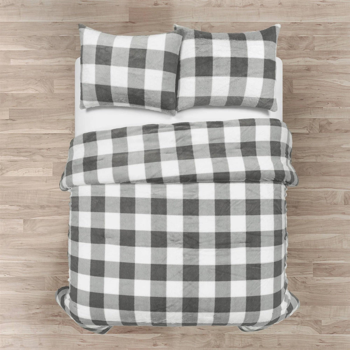 Twin Size Plaid Soft Faux Fur Comforter Set in Black/White/Grey