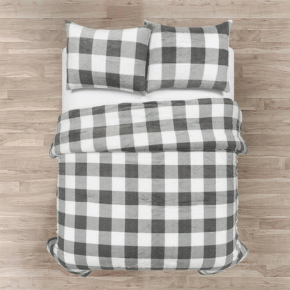 Twin Size Plaid Soft Faux Fur Comforter Set in Black/White/Grey