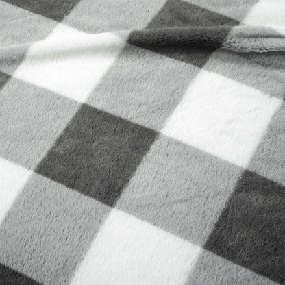 Twin Size Plaid Soft Faux Fur Comforter Set in Black/White/Grey