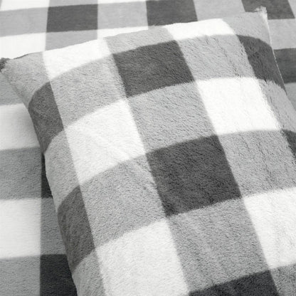 Twin Size Plaid Soft Faux Fur Comforter Set in Black/White/Grey