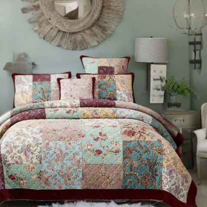 Bohemian Burgundy Velvet Trim Floral Paisley Patchwork Cotton Bedding