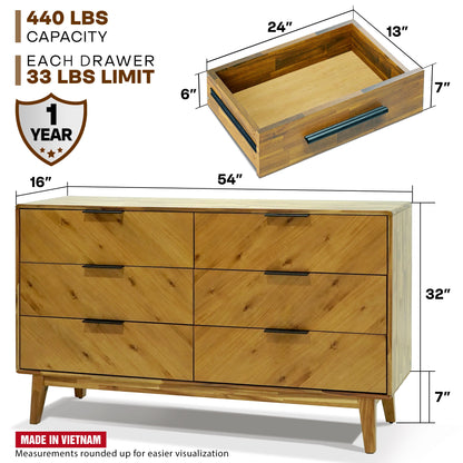 Veyron Acacia 6 Drawer Dresser in Walnut or Oak Finish