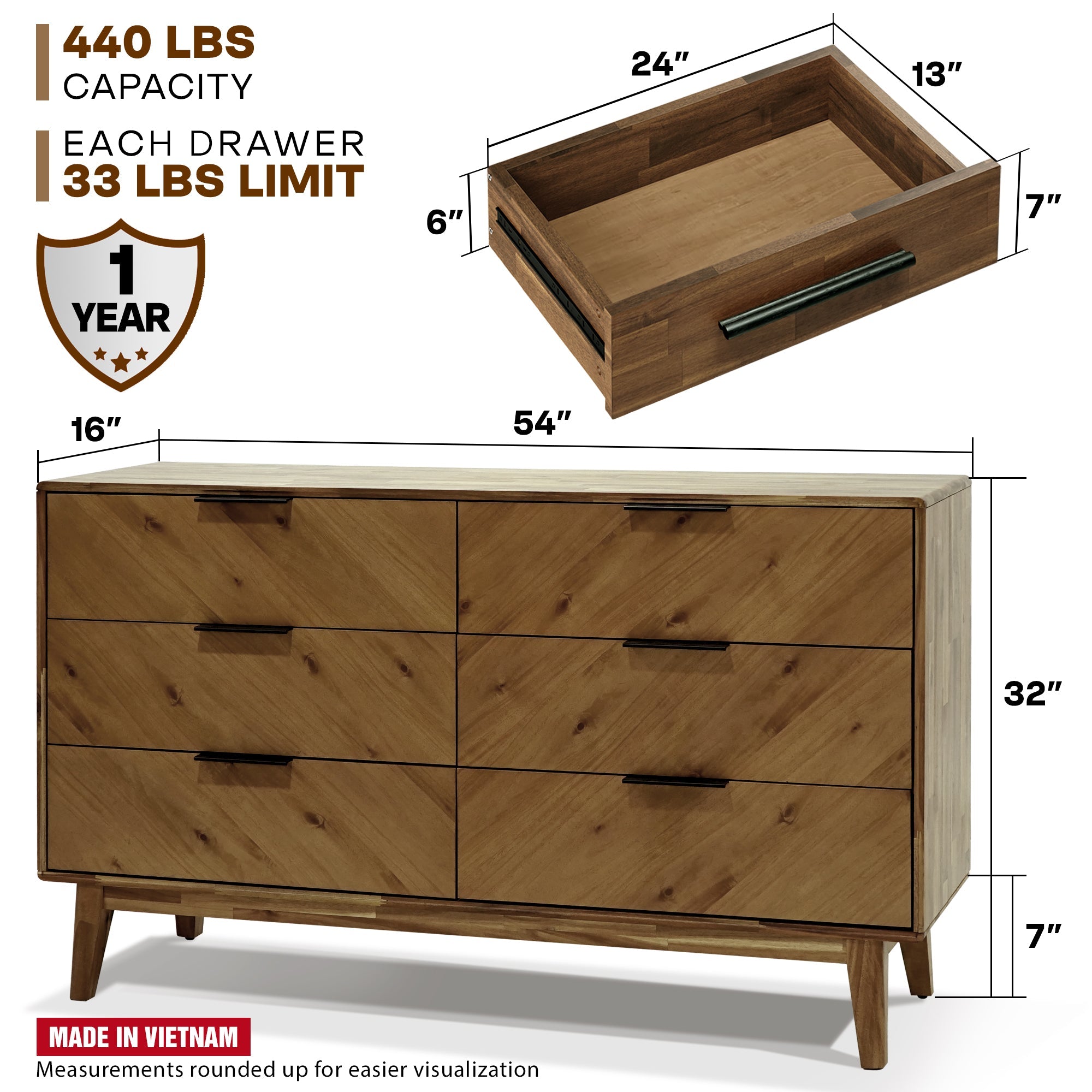 Veyron Acacia 6 Drawer Dresser in Walnut or Oak Finish
