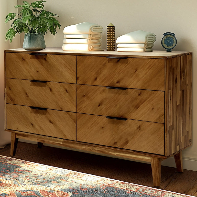 Veyron Acacia 6 Drawer Dresser in Walnut or Oak Finish