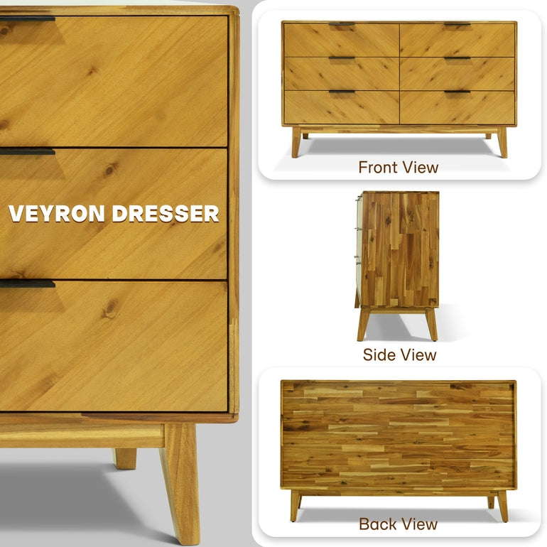 Veyron Acacia 6 Drawer Dresser in Walnut or Oak Finish