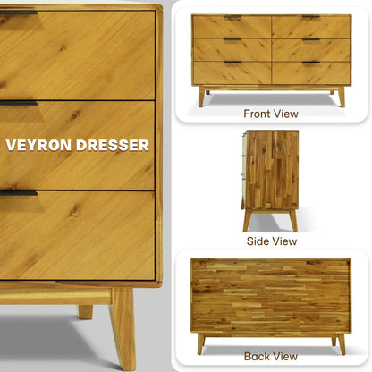 Veyron Acacia 6 Drawer Dresser in Walnut or Oak Finish