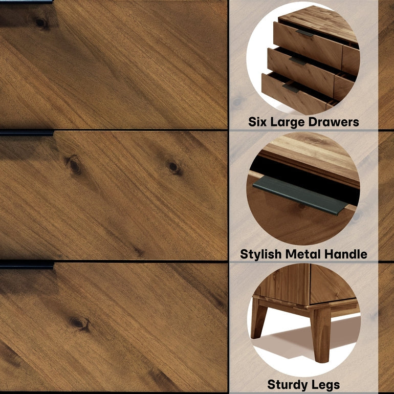 Veyron Acacia 6 Drawer Dresser in Walnut or Oak Finish