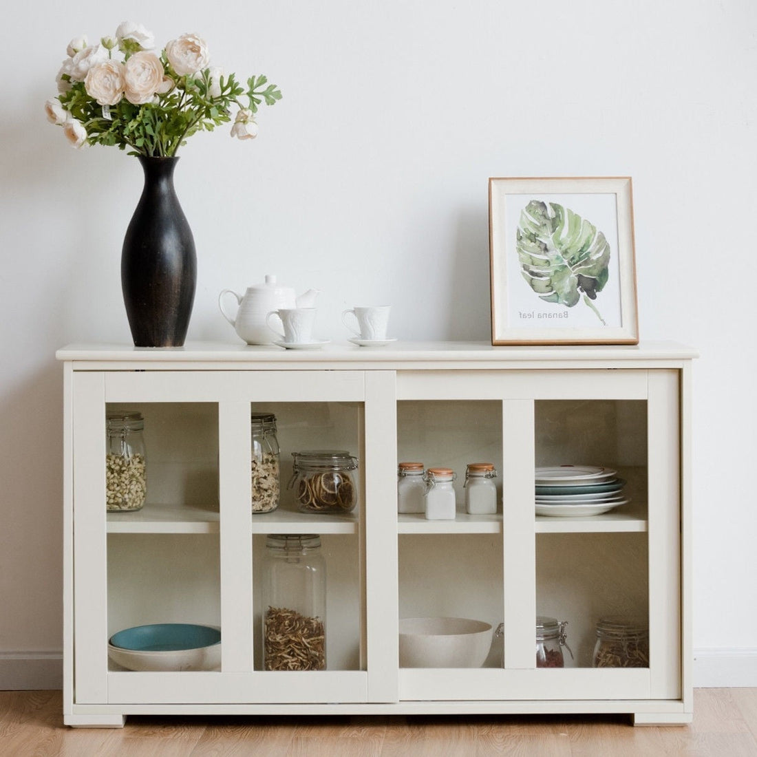 Modern Wood Sideboard Cabinet with Glass Sliding Door in Antique White