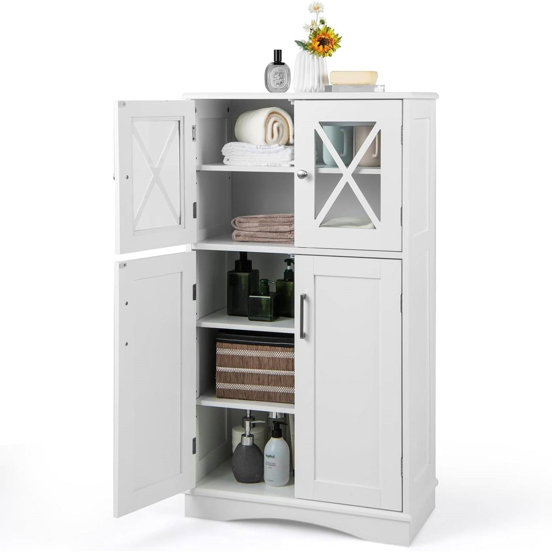 Bathroom Linen Cabinet with Glass Doors in White