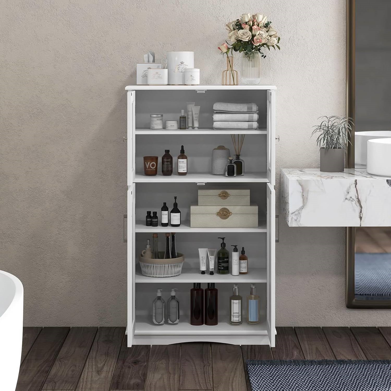 Bathroom Linen Cabinet with Glass Doors in White