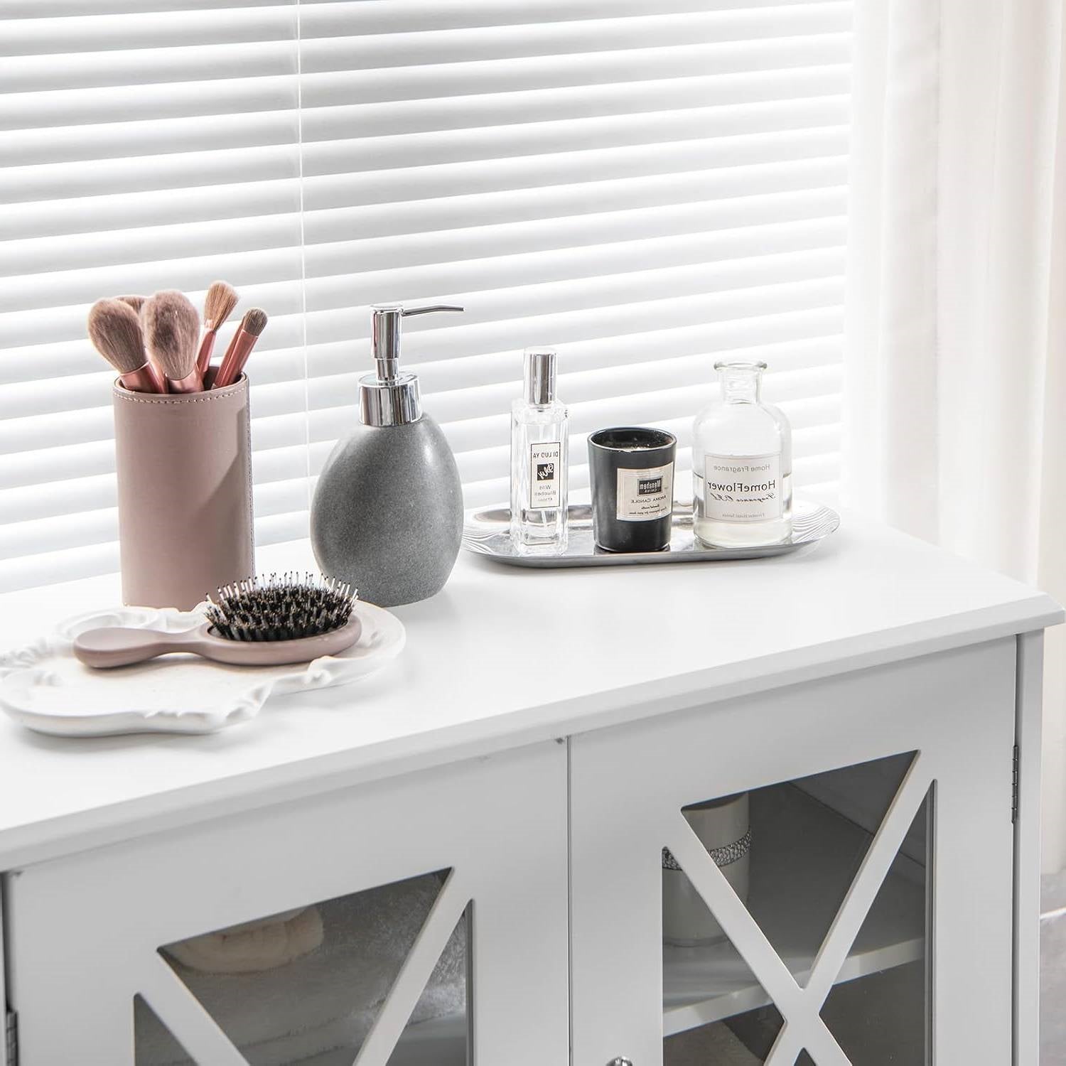Bathroom Linen Cabinet with Glass Doors in White
