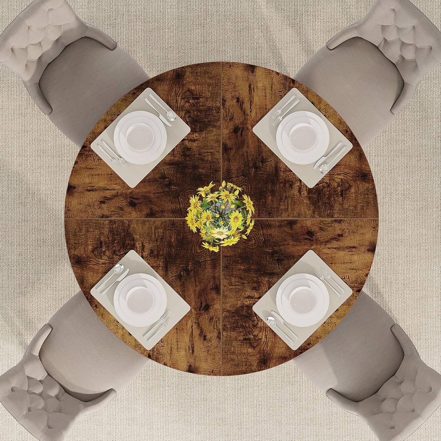 Modern Kitchen Round Dining Table for 4 in Rustic Brown Wood Finish