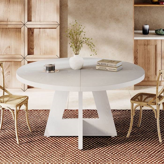 Modern Kitchen Round Dining Table for 4 in White Wood Finish