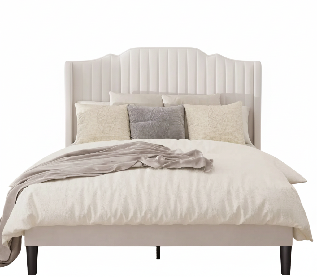 Queen size White Velvet Upholstered Platform Bed Frame with Wingback Headboard