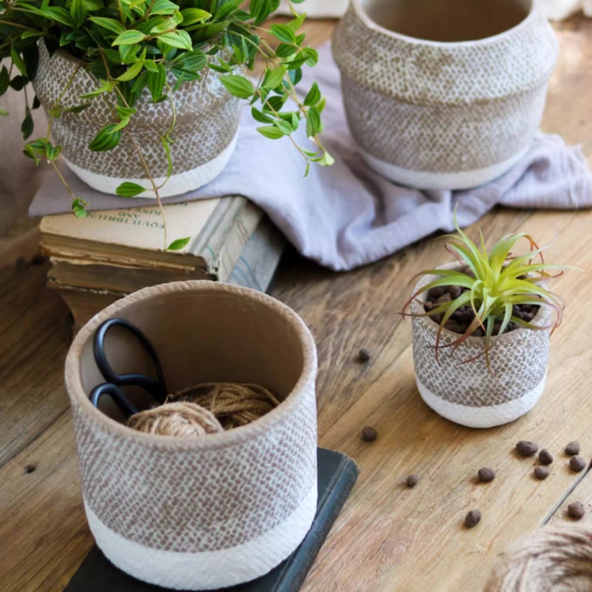 Boho Straw-Look Concrete Planter