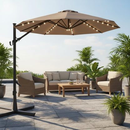 10 Foot Solar LED Cantilever Patio Umbrella With Lights - Tan