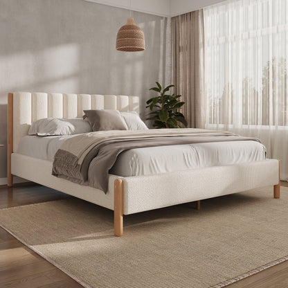 Queen Size Bed Frame with Boucle Upholstered Headboard and Solid Wooden Legs - Off White