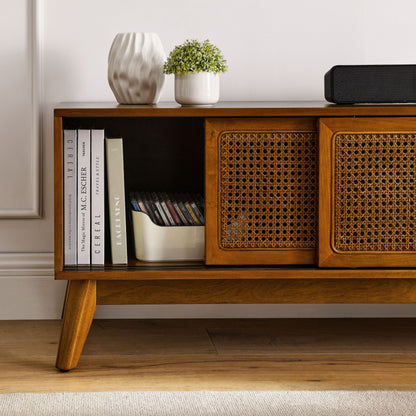 59 Inch Mid Century Modern Rattan TV Stand