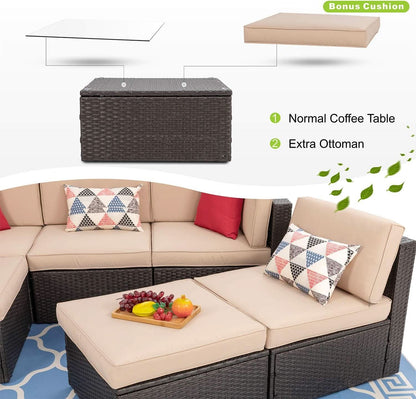 Outdoor Wicker Sectional Sofa Set with Coffee Table - Tan/Brown