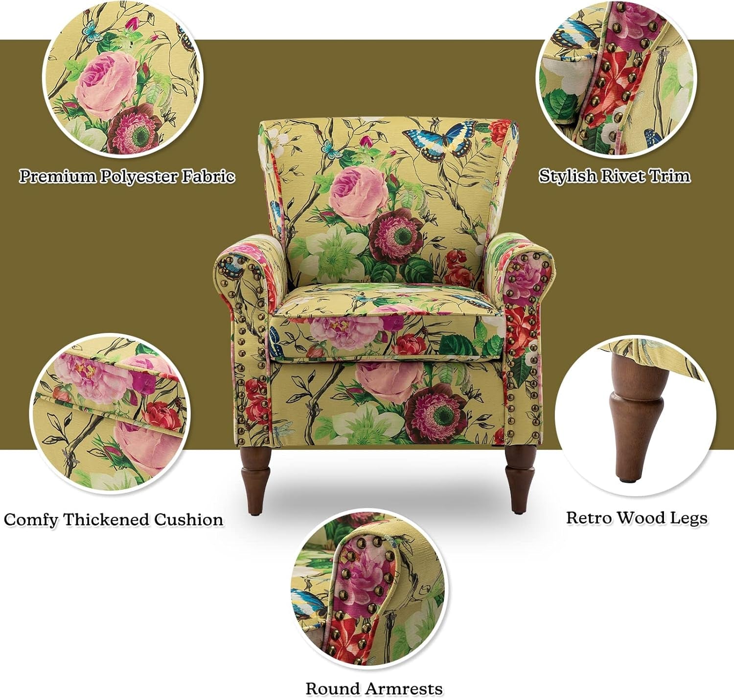 Yellow Floral Wingback Chair With Solid Wood Legs