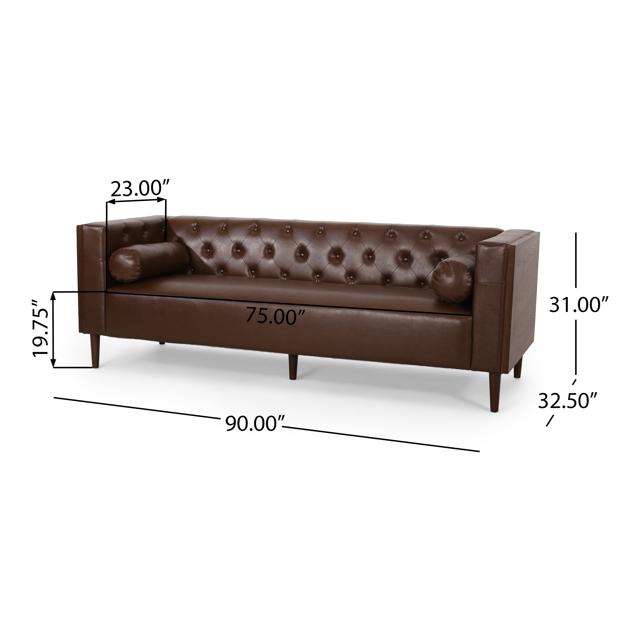 Contemporary 3-Seater Sofa with Tufted Diamond Stitch and Rolled Accent Pillows in Dark Brown Faux Leather