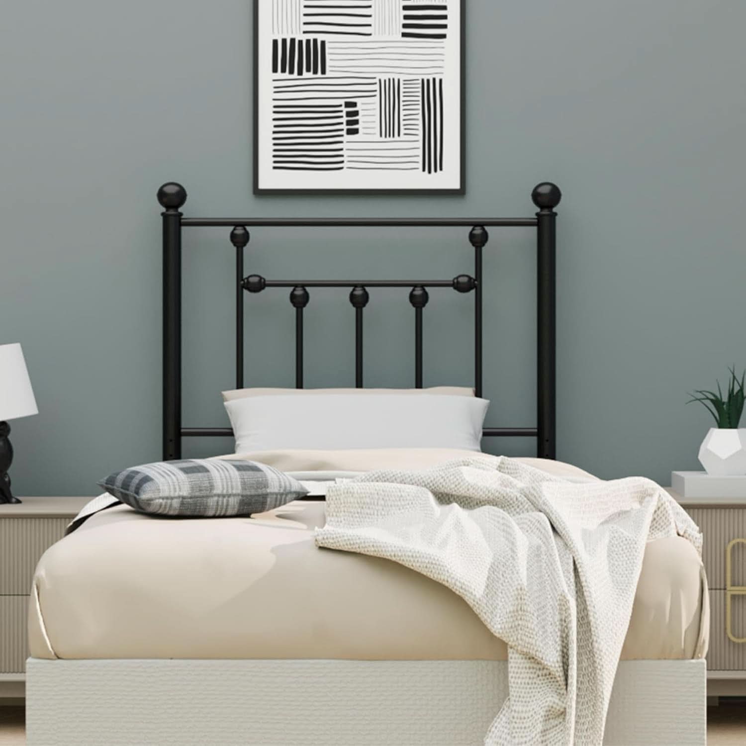 Twin Size Metal Bed Frame with Adjustable Headboard - Black